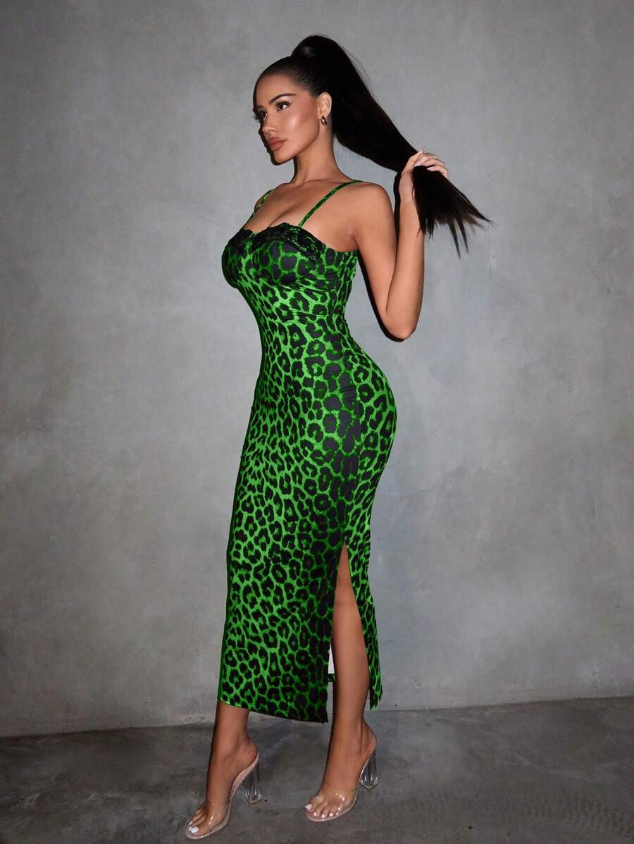 SHEIN SXY Leopard Splice Lace Hem Side Slit High Elasticity Bodycon Cami Dress Holiday Sexy Summe... | SHEIN
