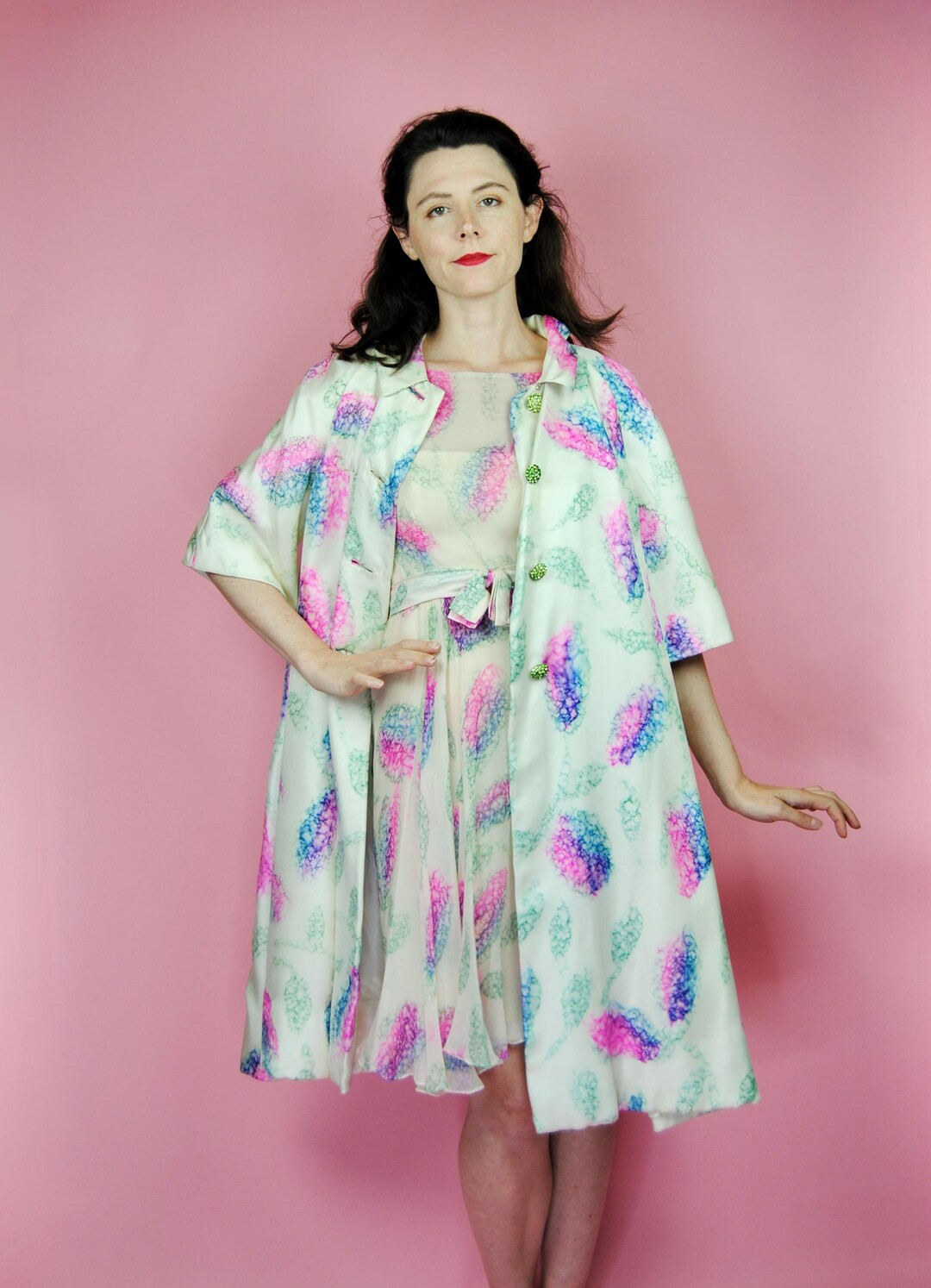 UNIQUE 1960s Vintage Off White or Cream Silk Coat and Dress Set with Blue Purple Pink Tone Flower... | Etsy (Global)