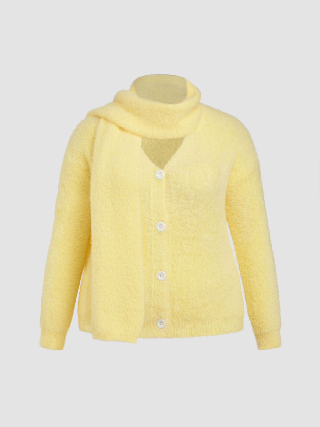 Knit Fabric Knit Fuzzy V-neck Solid Cardigan With Scarf Curve & Plus For School Daily Casual | Cider