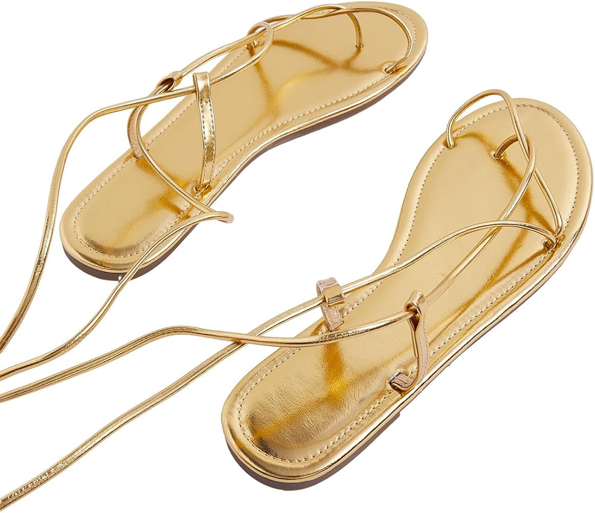 GORGLITTER Women's Gold Lace Up Sandals Strappy Open Toe Tie Up Summer Dressy Gladiator Sandals | Amazon (US)