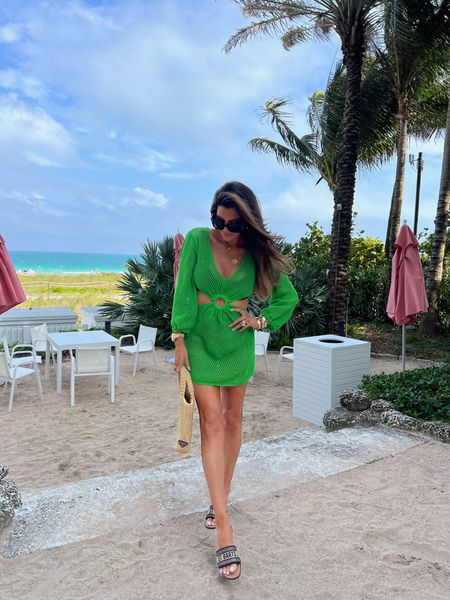 Wearing size small in cover-up. Amazon cover up, vacation outfits, Prada straw bag, Steve Madden slide sandals, sunglasses, beach wear, emily Ann Gemma 