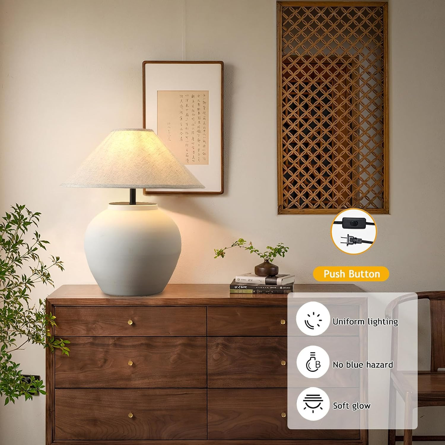 Farmhouse Table Lamps Black 18.8" Tall Ceramic Table Lamp Rustic Southwestern Clay Pot Ceramic Lampshade with Fabric Shade Bedside Nightstand for Living Room Bedroom House Office Entryway (White) | Amazon (US)