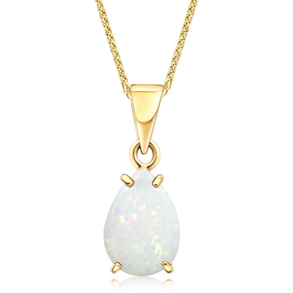 14K Gold White Opal Necklace - Dainty Pear-Shape Teardrop Pendant, 7x10mm 14K Solid Yellow Gold N... | Amazon (US)