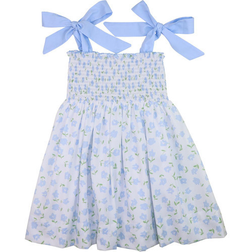 Blue Floral Print Smocked Shoulder Tie Dress | Cecil and Lou