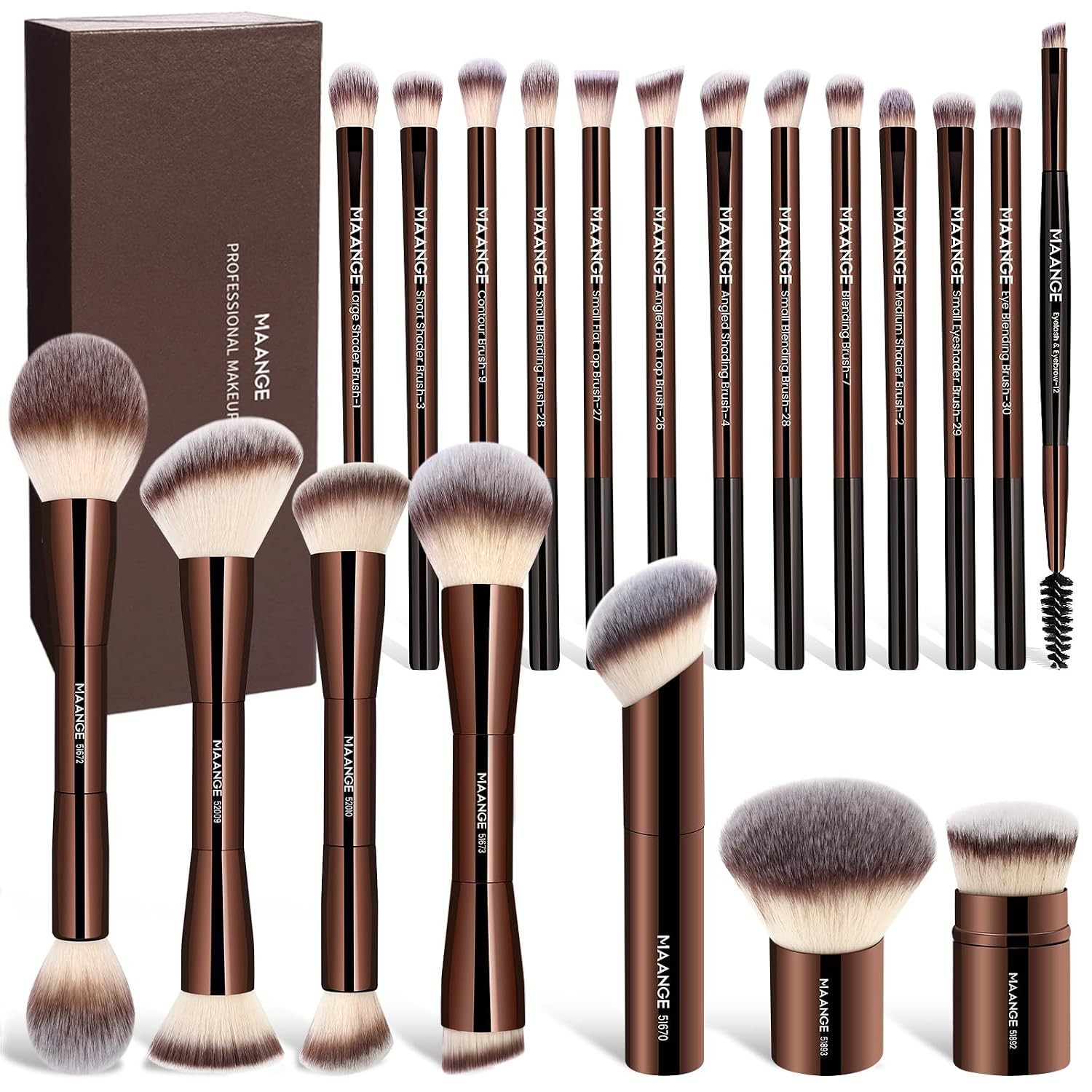 MAANGE 20 Pcs Makeup Brushes with Gift Box, Double-End Multi-functional Makeup Brushes for Blending Liquid Powder Concealer Cream Blush Buffe,CoffeeBrown | Amazon (US)