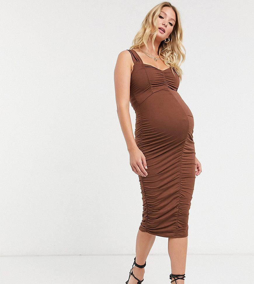 ASOS DESIGN Maternity sweetheart neckline ruched midi bodycon dress in chocolate-Brown | ASOS (Global)
