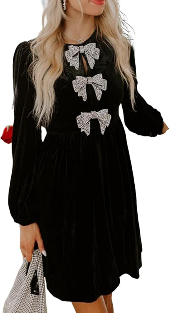 SCOFEEL Womens Bow Tie Front Velvet Mini Dress Long Sleeve Party Chritsmas Flowy Peplum Short Dre... | Amazon (US)