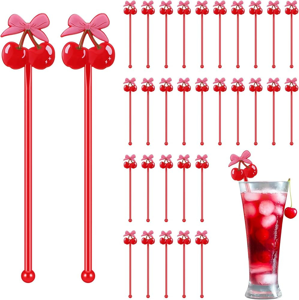 30 Pcs Cherry Bow Drink Stirrers 6 Inch Pink Red Coquette Bow Swizzle Sticks Plastic Preppy Coffe... | Amazon (US)