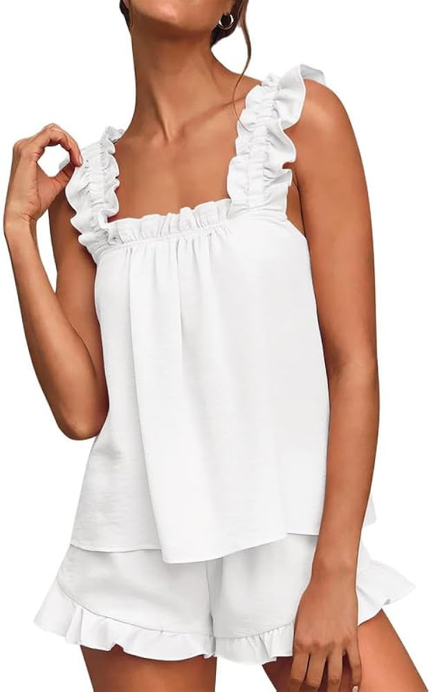 Marvmys Womens Pajamas Set 2 Piece Ruffle Bridal Cute Pajamas Sexy Tank Top and Shorts Bride Slee... | Amazon (US)