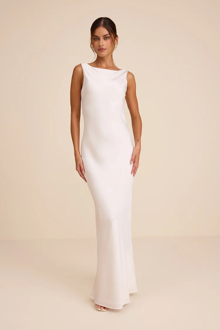 Libby White Satin Cowl Back Maxi Dress | bride getting ready outfit | bride outfits  | Lulus