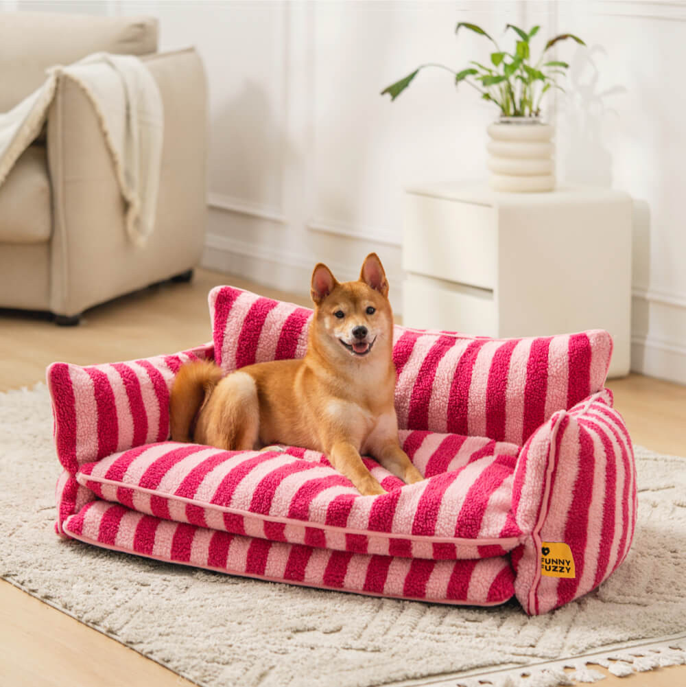Trendy Striped Faux Lambswool Double Layer Dog & Cat Sofa Bed | FunnyFuzzy Affiliate Program