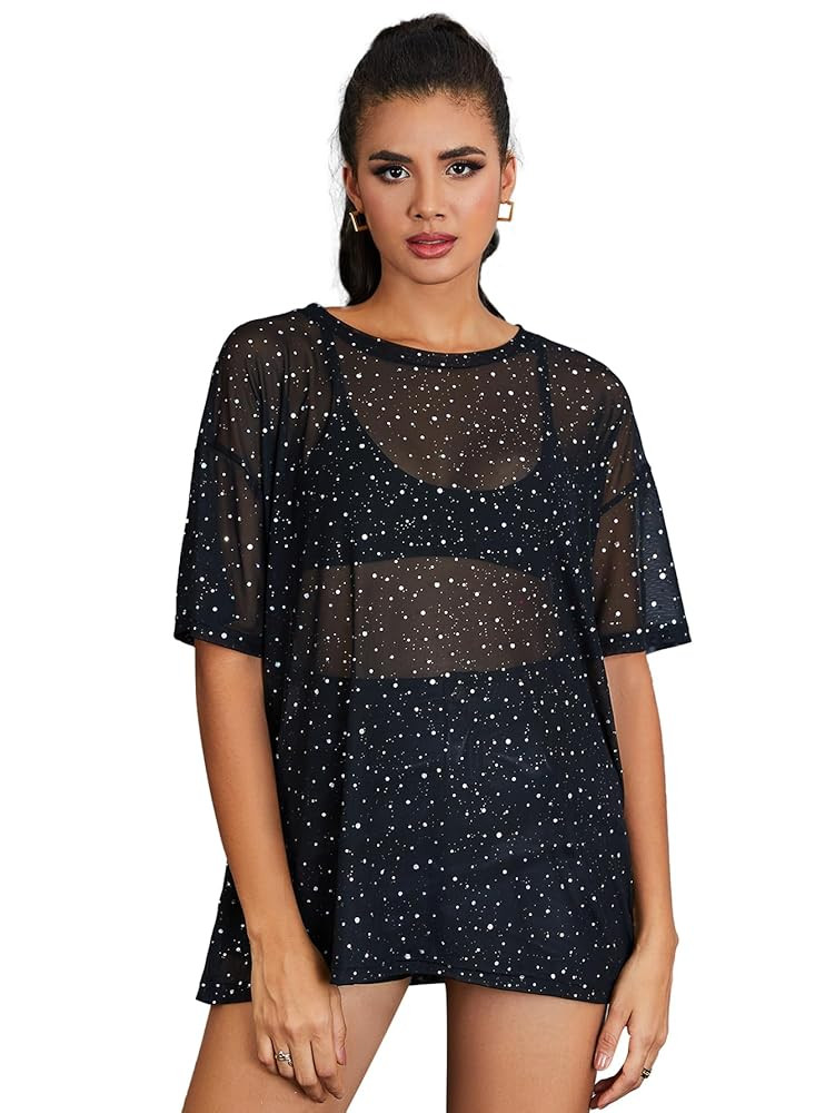 WDIRARA Women's Glitter Sheer See Through Short Sleeve Mesh Top Tee Blouse | Amazon (US)