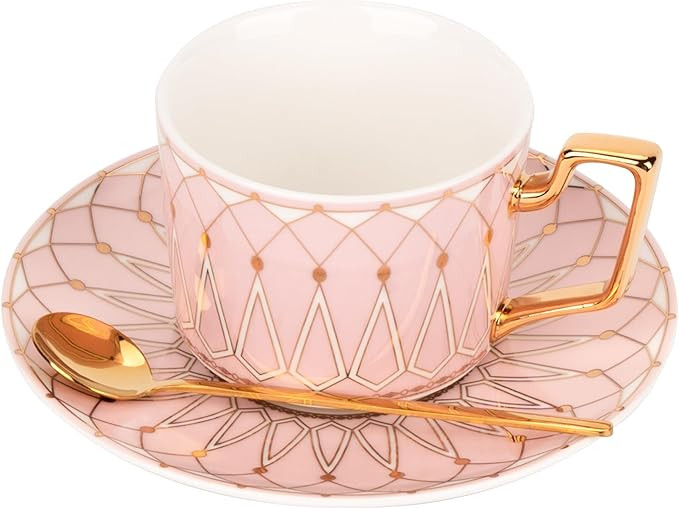 Bone China Elegant Tea Cup Saucer Set with Spoon, 7.5 oz Pink Matte Glazed Coffee Cup Set, Palace... | Amazon (US)