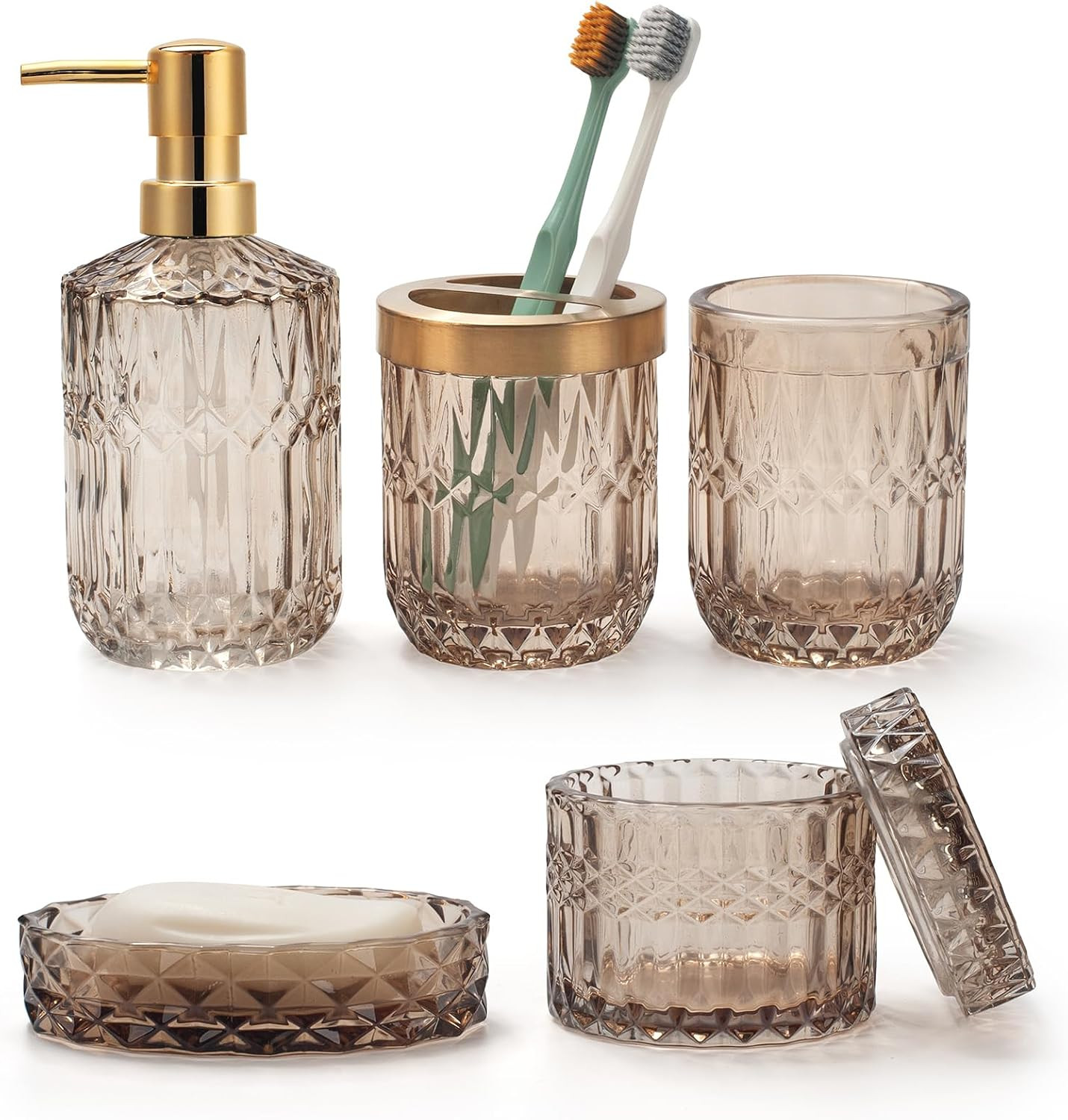 5PCS Amber Brown Glass Bathroom Accessories Sets of Lotion Dispenser, Soap Dish, Toothbrush Holde... | Amazon (US)