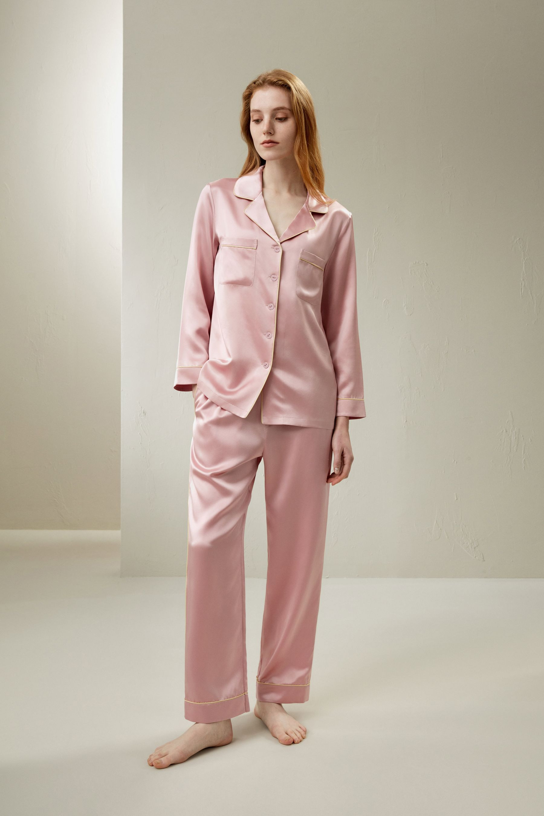 Gold Piping Silk Pajamas Set | LILYSILK