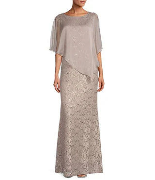 Petite Size 3/4 Sleeve Round Neck Sequin Lace Overlay Sheath Gown | Dillard's