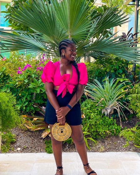 Outdoor lunch look on the island. 

Wooden bag pink bow crop top linen shorts espadrille sandals statement earrings

#LTKsalealert #LTKtravel #LTKunder50