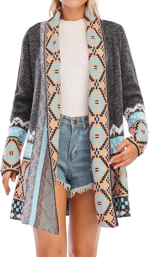 CGYY Women's Long Color Block Cardigan Boho Retro Style Vintage Pattern Sweaters Aztec Tribal Car... | Amazon (US)