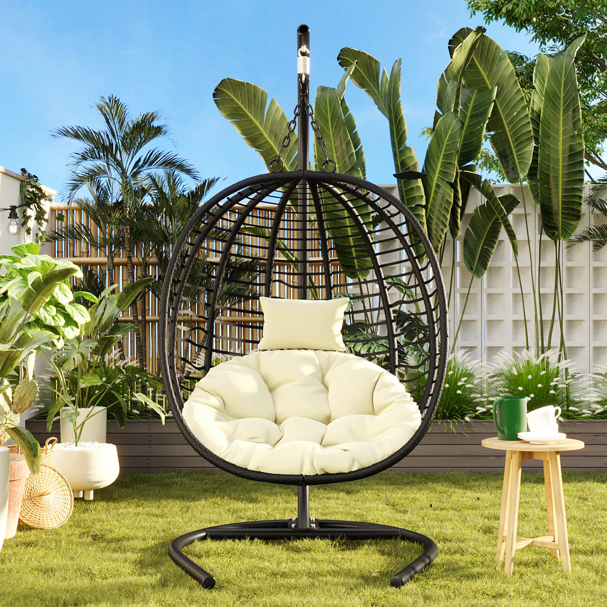 AAZJ Patio Chair Wicker Black Iron Frame Hanging Egg Chair with Beige Cushioned Seat one_size | JDS-W874P264742 | Lowe's