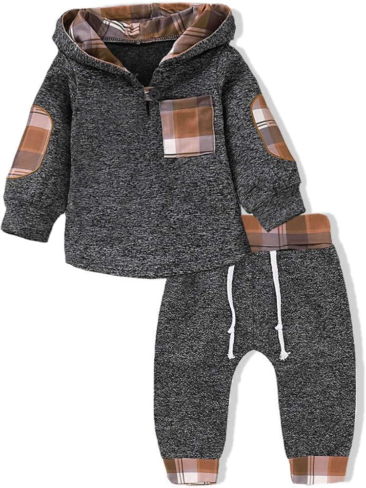 Kids Toddler Infant Baby Boys Girls Fall Outfit Plaid Pocket Hoodie Sweatshirt Jackets Shirt+Pant... | Amazon (US)
