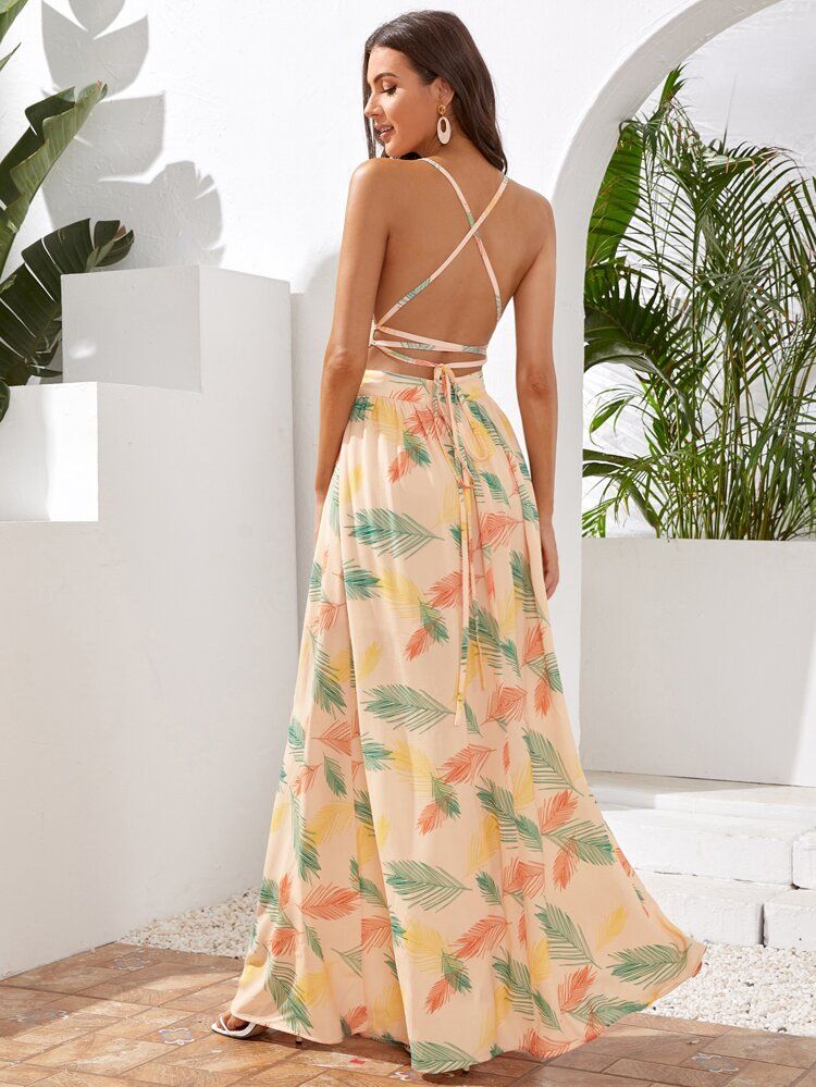 SHEIN Lace Up Back Tropical Print Dress | SHEIN