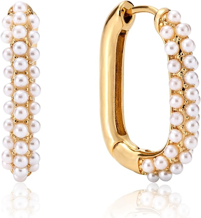 Kenivira Pearl Hoop Earrings for Women | 18K Gold Huggie Earrings | Lightweight Chunky Hoops for ... | Amazon (US)