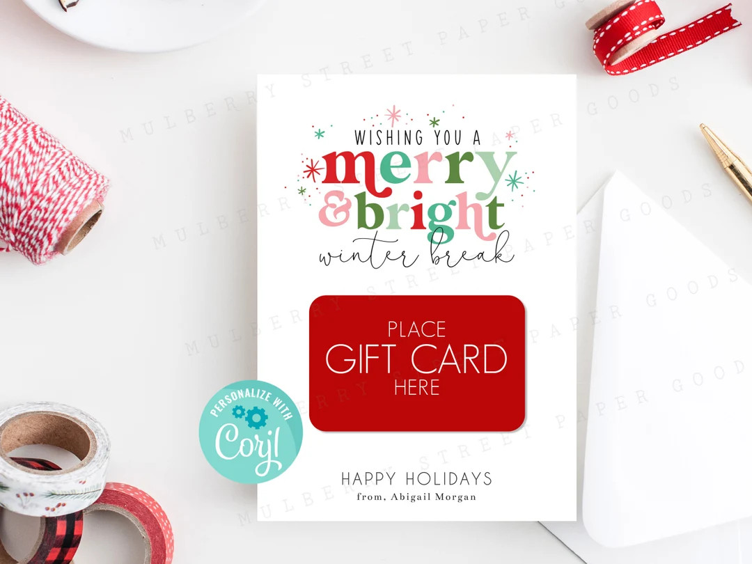Printable Wishing You a Merry and Bright Winter Break Gift Card Holder, Christmas Vacation Gift C... | Etsy (US)