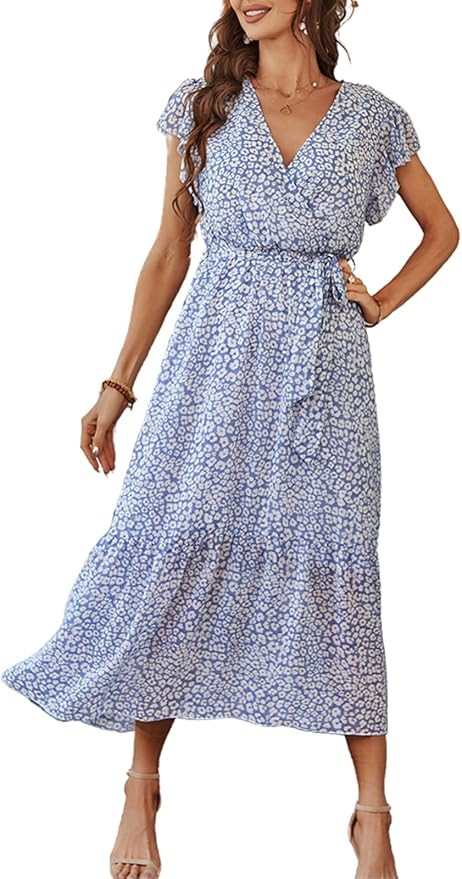 Sexyasasii Women's Floral Summer Dress Wrap V Neck Short Sleeve Ruffle Hem A-Line Bohemian Maxi D... | Amazon (US)
