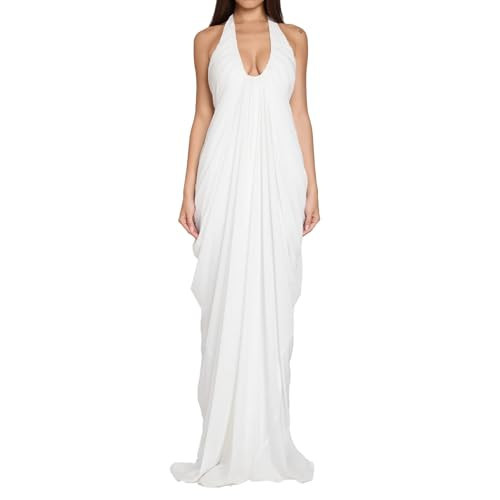 ABYOVRT Women White Dress Halter Deep V Neck Cascade Drape Floor Length Gown Wedding Guest Beach Vacation (White,M) | Amazon (US)
