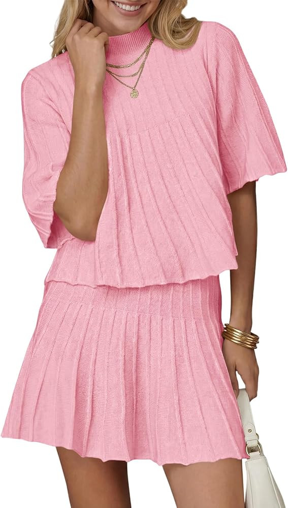 Saodimallsu Womens Sweater Sets 2 Piece Outfits Summer Half Sleeve Ribbed Knit Top and Pleated Sk... | Amazon (US)
