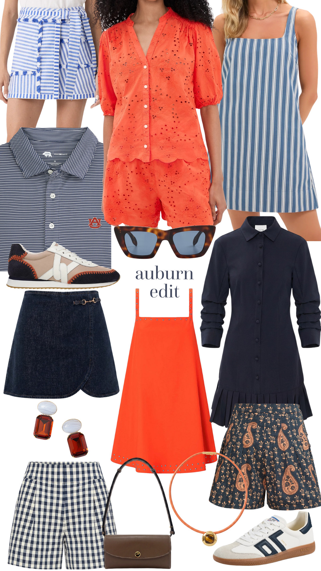 auburn game day edit! leaning into navy + orange with pieces that still feel very wearable outside of saturday football. i love the eyelet set for a warmer game, the denim mini + gingham shorts for casual tailgating, and the navy dress for something a little more dressed up. also found some really good sneakers, sunglasses, and accessories to pull everything together.  

 #LTKootd #LTKSeasonal #LTKU