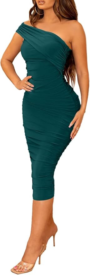 Halfword Sexy One Shoulder Midi Dress for Women Ruched Bodycon Drawstring Night Party Club Cockta... | Amazon (US)