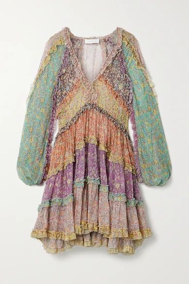 Zimmermann - Carnaby Ruffled Tiered Floral-print Silk Crepe De Chine Mini Dress - Green | NET-A-PORTER (US)