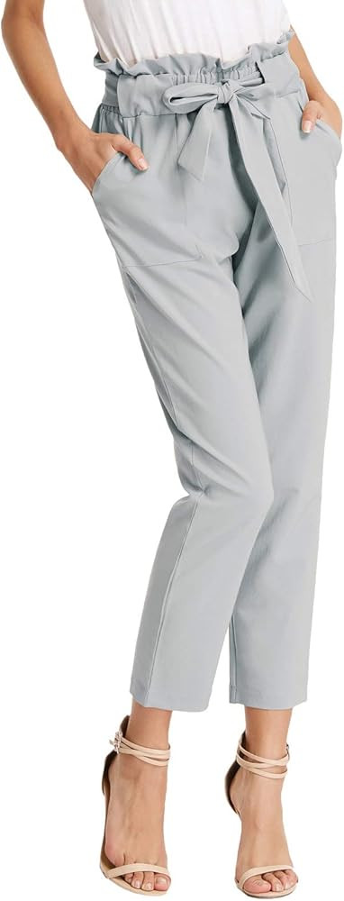GRACE KARIN Womens Paper Bag Pants Slim Fit High Waist Trousers with Bow Tie Blue Gray M at Amazo... | Amazon (US)
