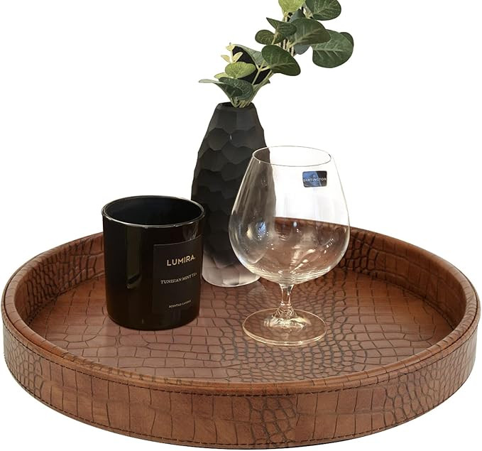 HofferRuffer Faux Leather Round Serving Tray, Vegan Croco Leather Decorative Tray, Food Tray for ... | Amazon (UK)