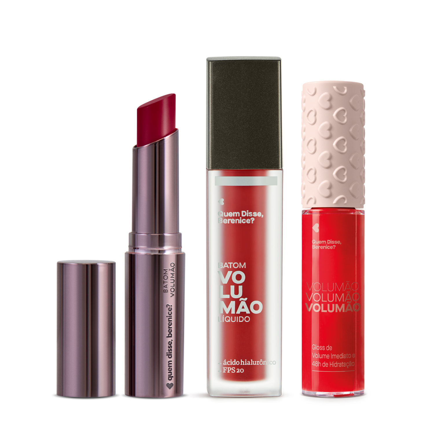 Combo Volumão: Gloss Vermelho Bocão + Batom Bordolê + Batom Líquido Morangoli | QuemDisseBerenice (BR)