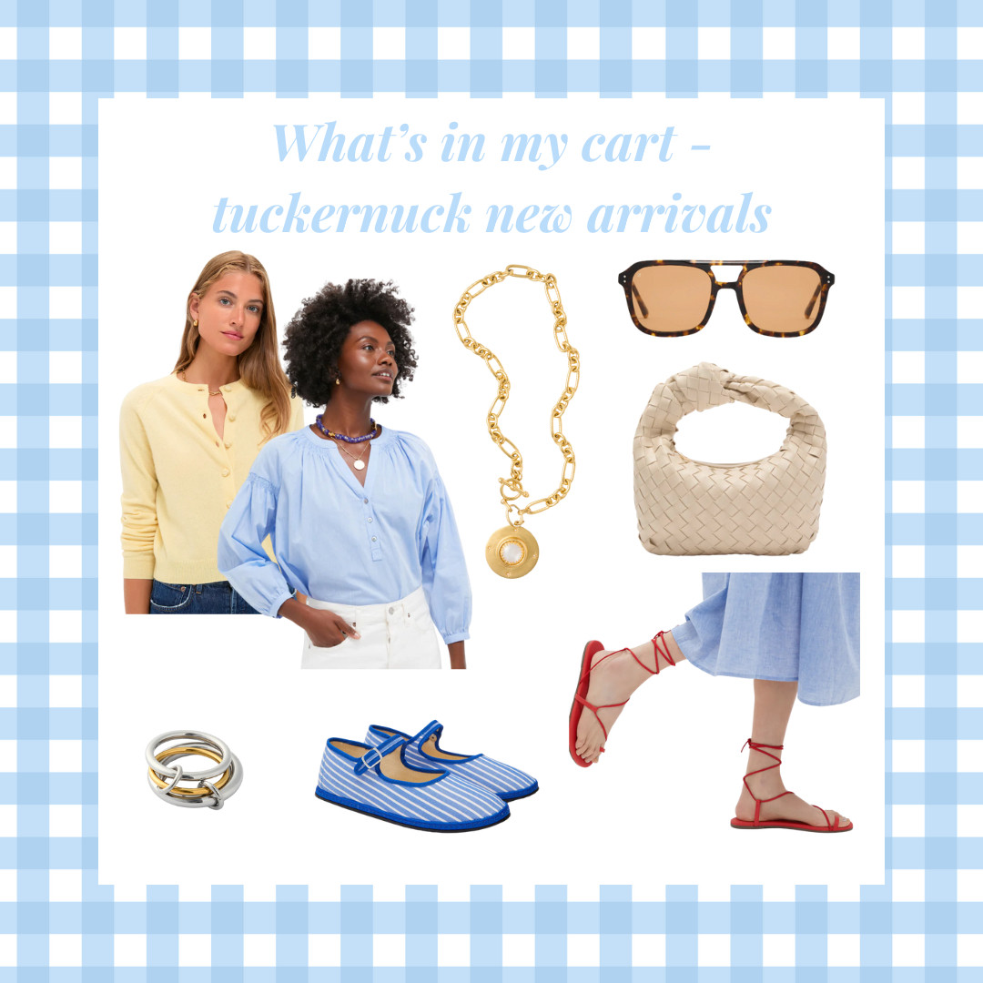 What's in my cart from Tuckernuck!!
.
.
.
Tuckernuck new arrivals 2025, Classic capsule wardrobe pieces, Tuckernuck coastal chic style, Striped ballet flats, Red wrap sandals, Light blue popover blouse, Neutral woven mini bag, Gold statement jewelry Tuckernuck, Effortless summer style, Preppy accessories for summer 

 #LTKSeasonal #LTKFindsUnder100 #LTKStyleTip