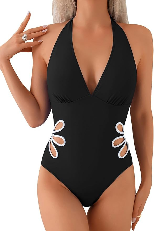 Leoparts Women's V Neck One Piece Swimsuits Halter Color Block Sunflower Side Cutout Slimming Bat... | Amazon (US)