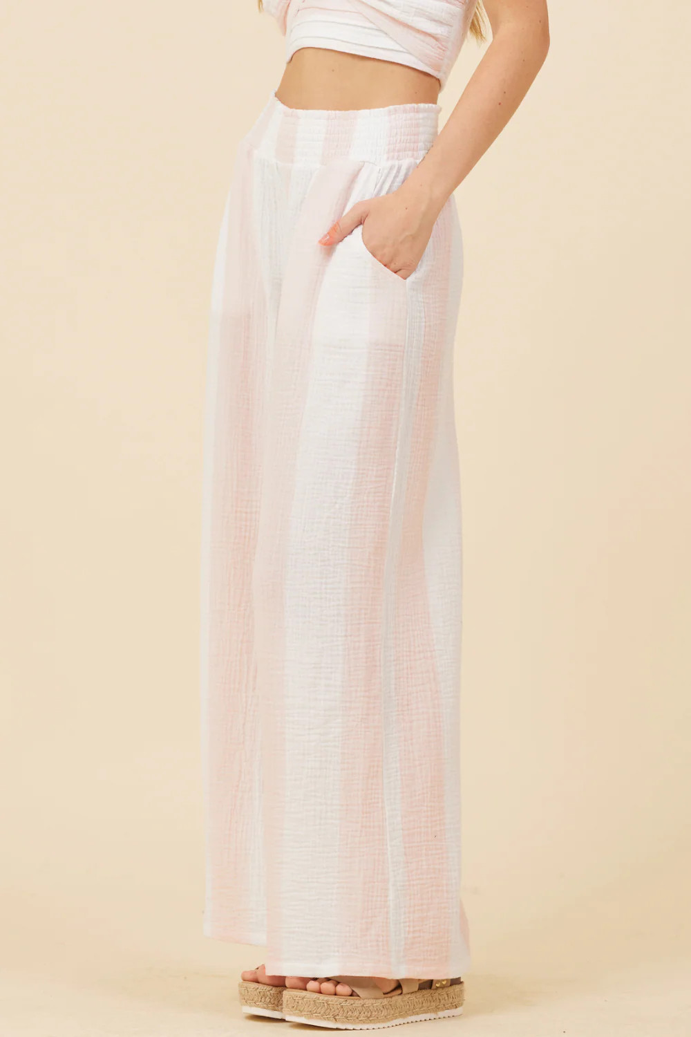 Pink & White Cabana Stripe Gauze Smocked Waist Pants | Vintage Havana