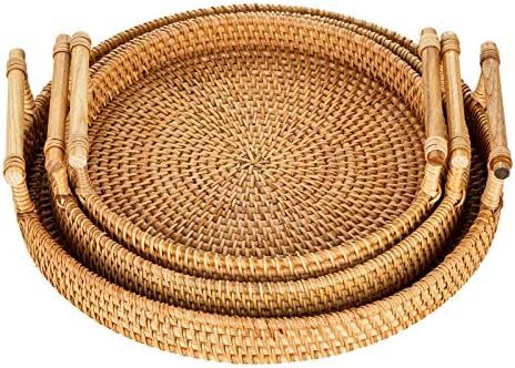 Amazon.com: Rattan Tray Decorative Serving Tray with Handles Set of 3 Hand Woven Wicker Tray Rust... | Amazon (US)