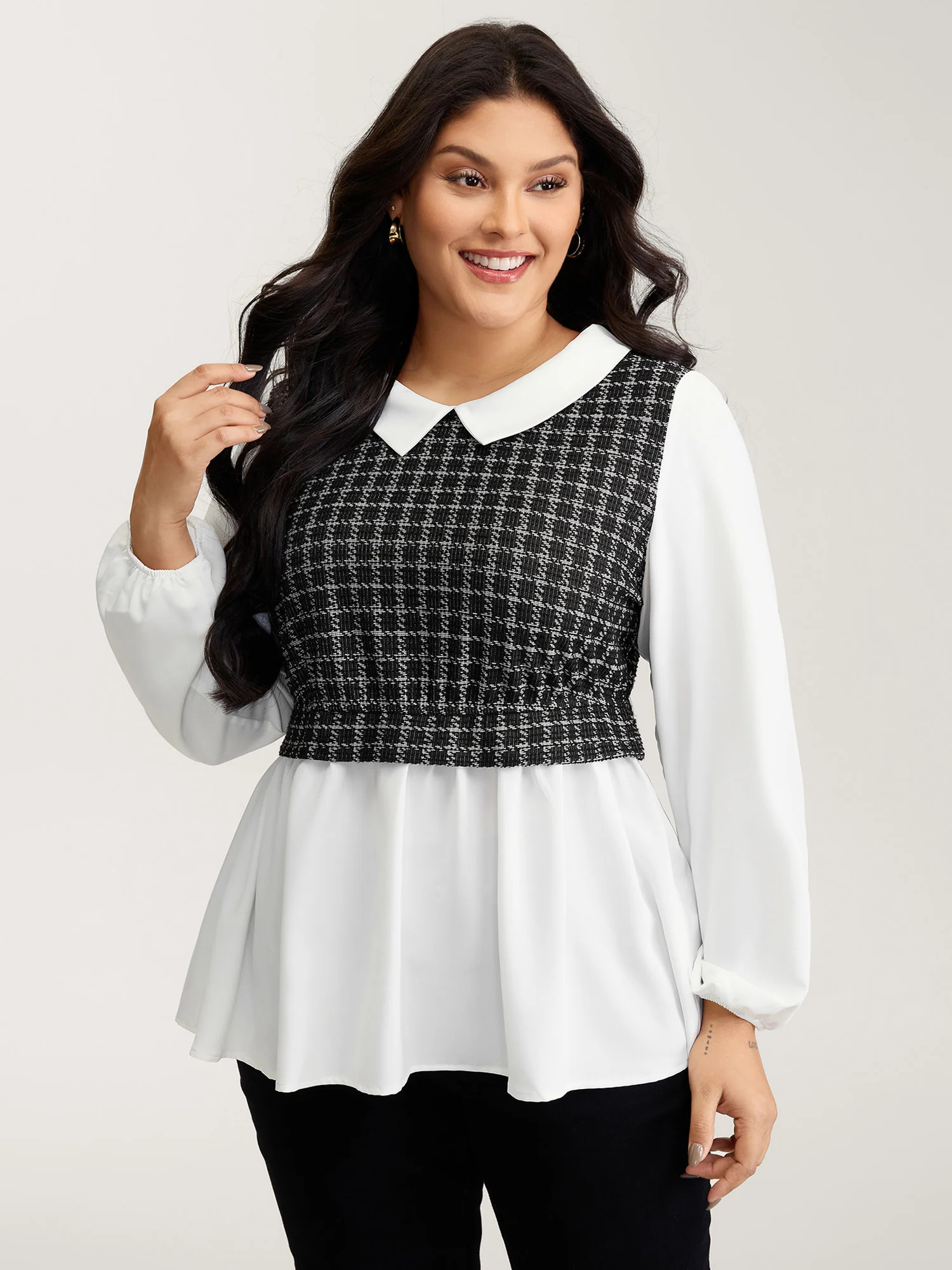 Houndstooth Pattern Color Contrast Blouse | Bloomchic