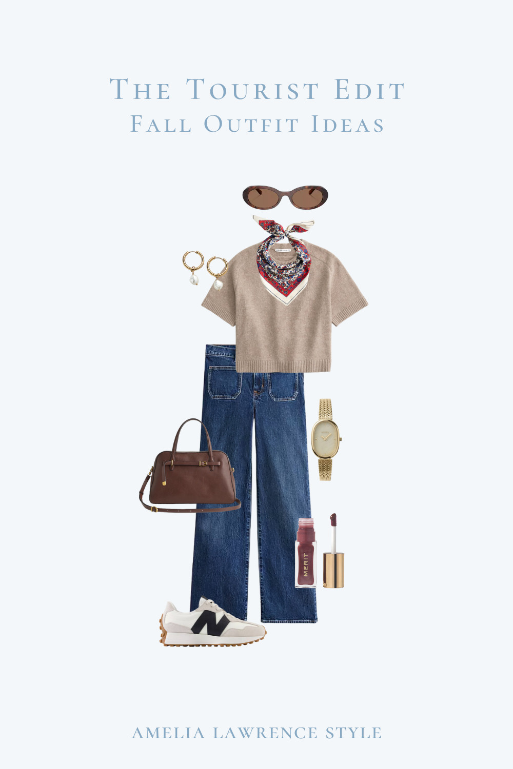 The tourist edit fall outfit edition. Fall outfits, work outfit, new balance, jeans, denim, sweater, silk scarf, merit, fall sneaker, watch, fall bag, leather bag.  

 #LTKSeasonal #LTKStyleTip #LTKTravel
