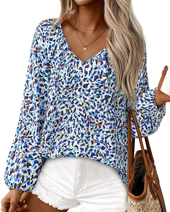 Women's Summer Tops Dressy Casual 2026 V Neck Satin Silk Printed Shirts Boho Long Sleeve Work Blo... | Amazon (US)