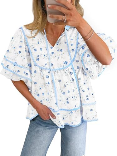 Cicy Bell Womens Summer Floral Babydoll Tops V Neck Short Lantern Sleeve Shirts Cute Loose Fit Fl... | Amazon (US)