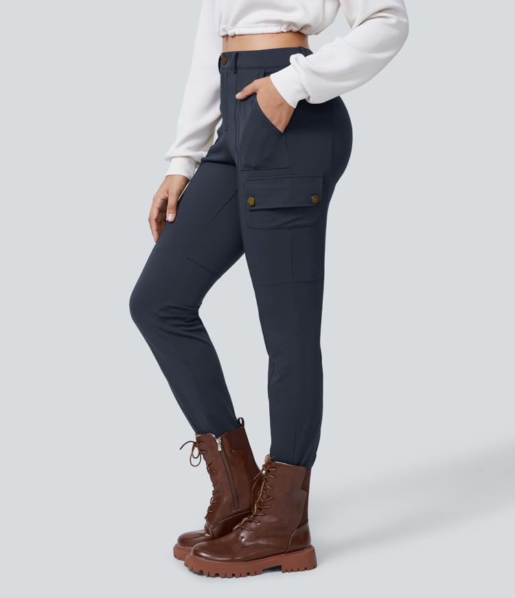 Women’s High Waisted Button Zipper Multiple Pockets Solid Skinny Cargo Pants - Halara | HALARA