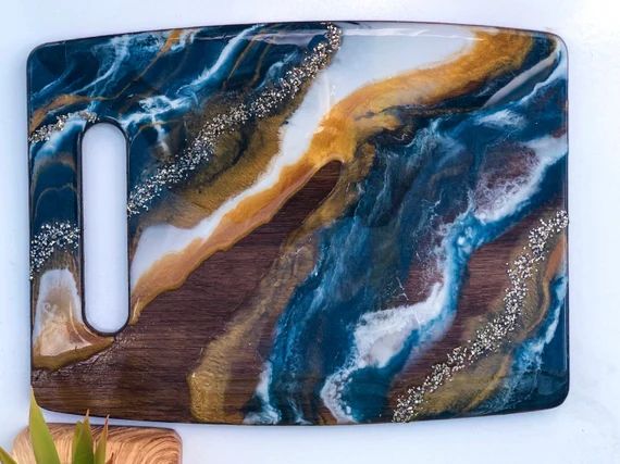 Navy Blue and Gold Charcuterie Board | Geode Serving Board | Wooden Cheese Board with Handle | Re... | Etsy (US)