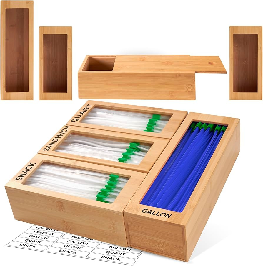 Storage Bag Organizer, Bamboo Baggie Organizer for Drawer, 4 Modular Blocks for Kitchen Organizat... | Amazon (US)