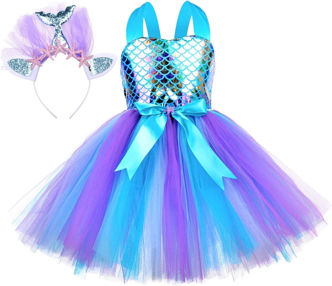 Tutu Dreams 4 Colors Mermaid Dress for Girls with Headband Birthday Party Gifts Dress Up Clothes | Amazon (US)