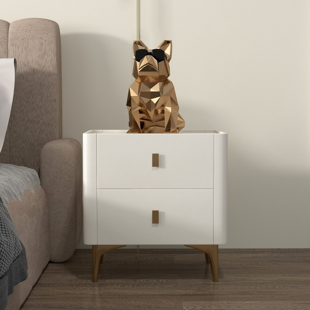 Modern Off White Nightstand 2-Drawer Bedside Cabinet with Sintered Stone Top | Homary