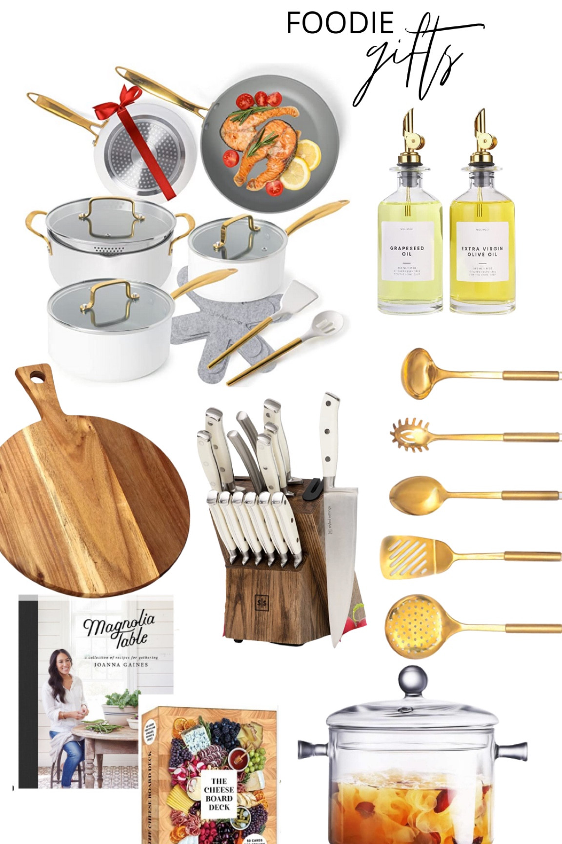 Foodie gift ideas, cooking gifts, white gold cookware, pots and pans, glass oil bottles with gold toppers, round wood cutting board, gold cooking utensils, cookbooks, white knife set, Christmas gift, simmer pot

#LTKHoliday #LTKGiftGuide #LTKhome